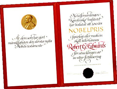 Το δίπλωμα του Βραβείου Nobel στη Φυσιολογία ή Ιατρική, το οποίο απονεμήθηκε το 2010 στον Robert Edwards.